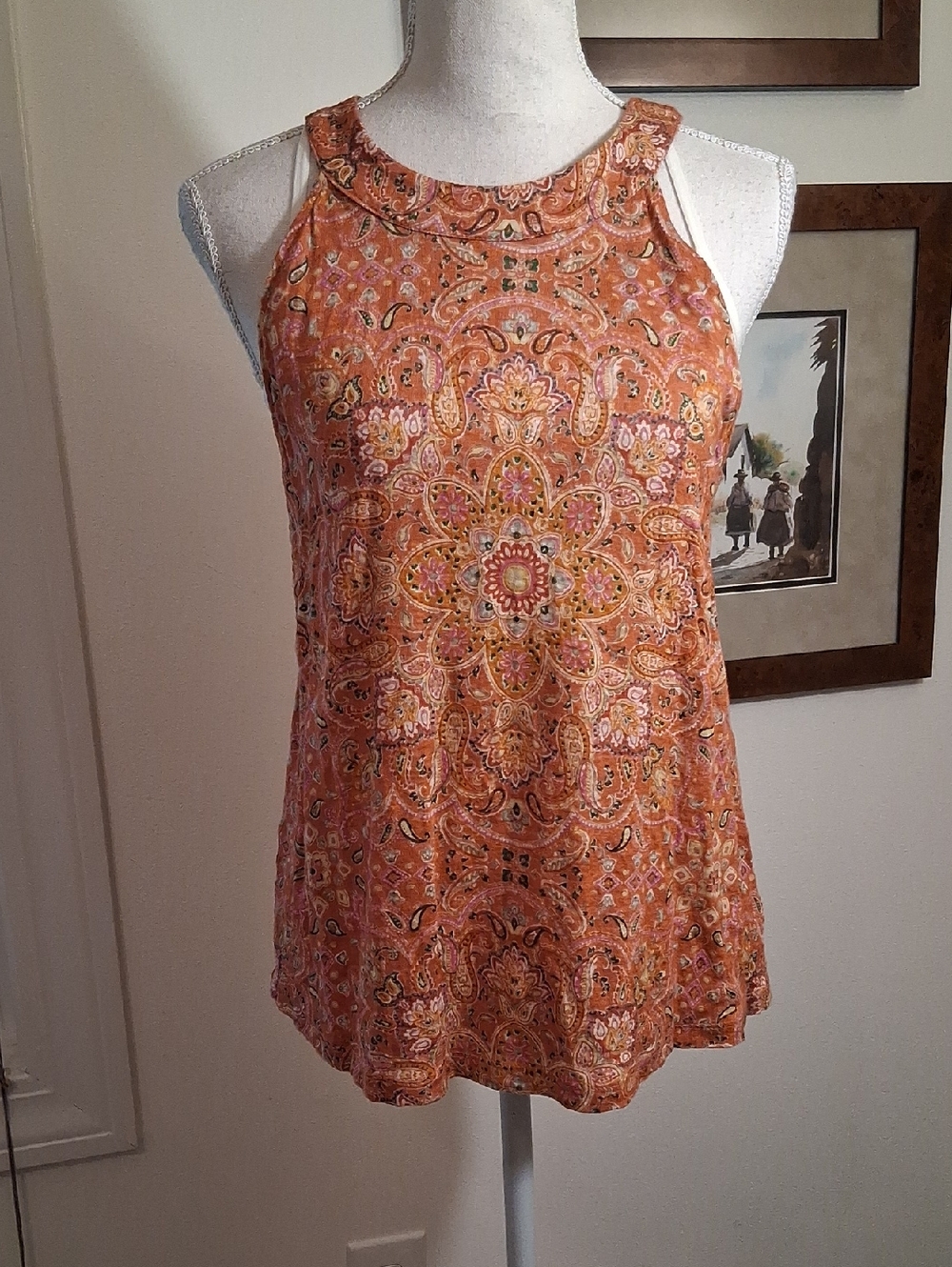 Joie Orange Paisley Halter Style Sleeveless Linen Top